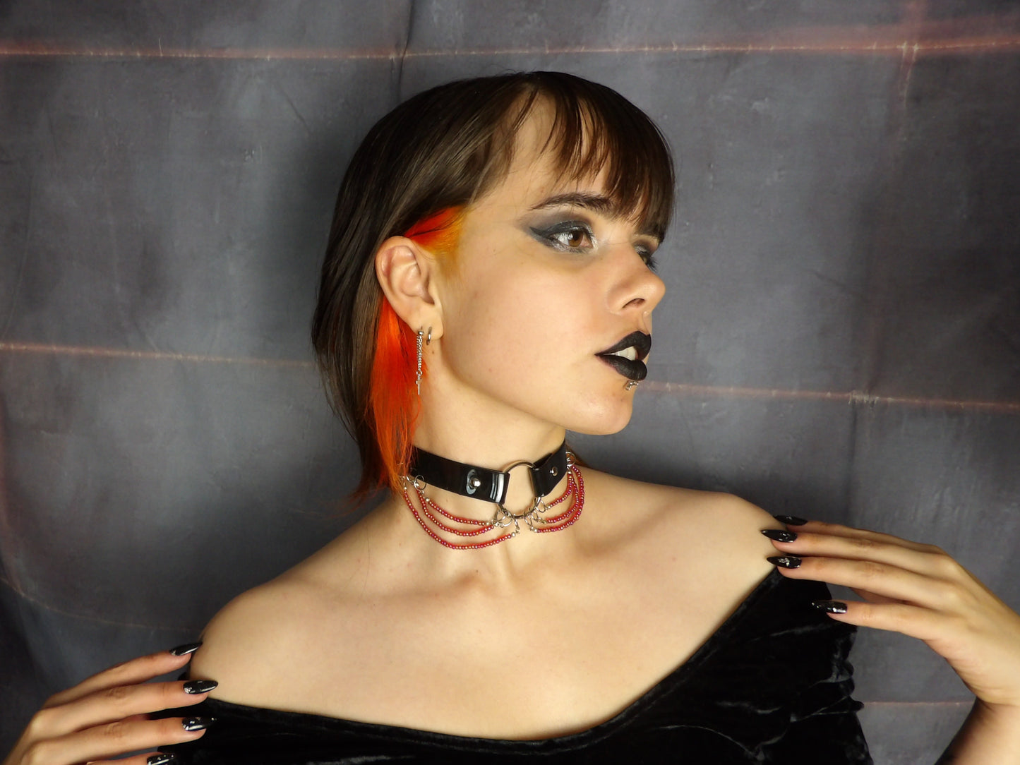 Multistrand Beaded Black Vinyl Choker