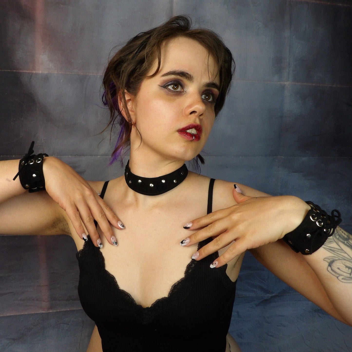 Black Suede Flowers Cuff & Collar Set